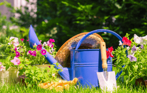 Vermicompost Project at the Garden Club watering can, trowel, and flowers